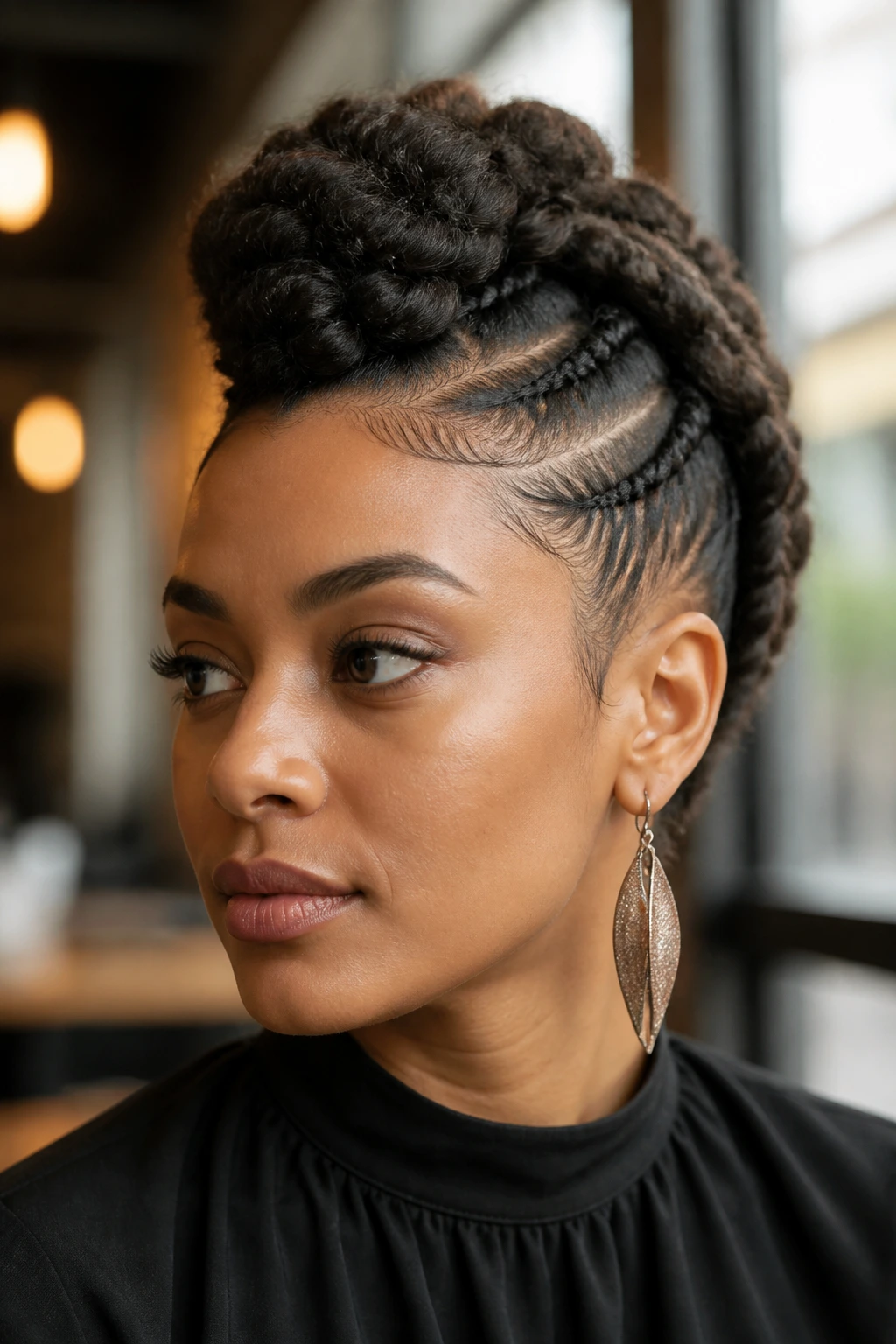 Close-up of a real woman with Halo Braid into Mohawk hairstyle.