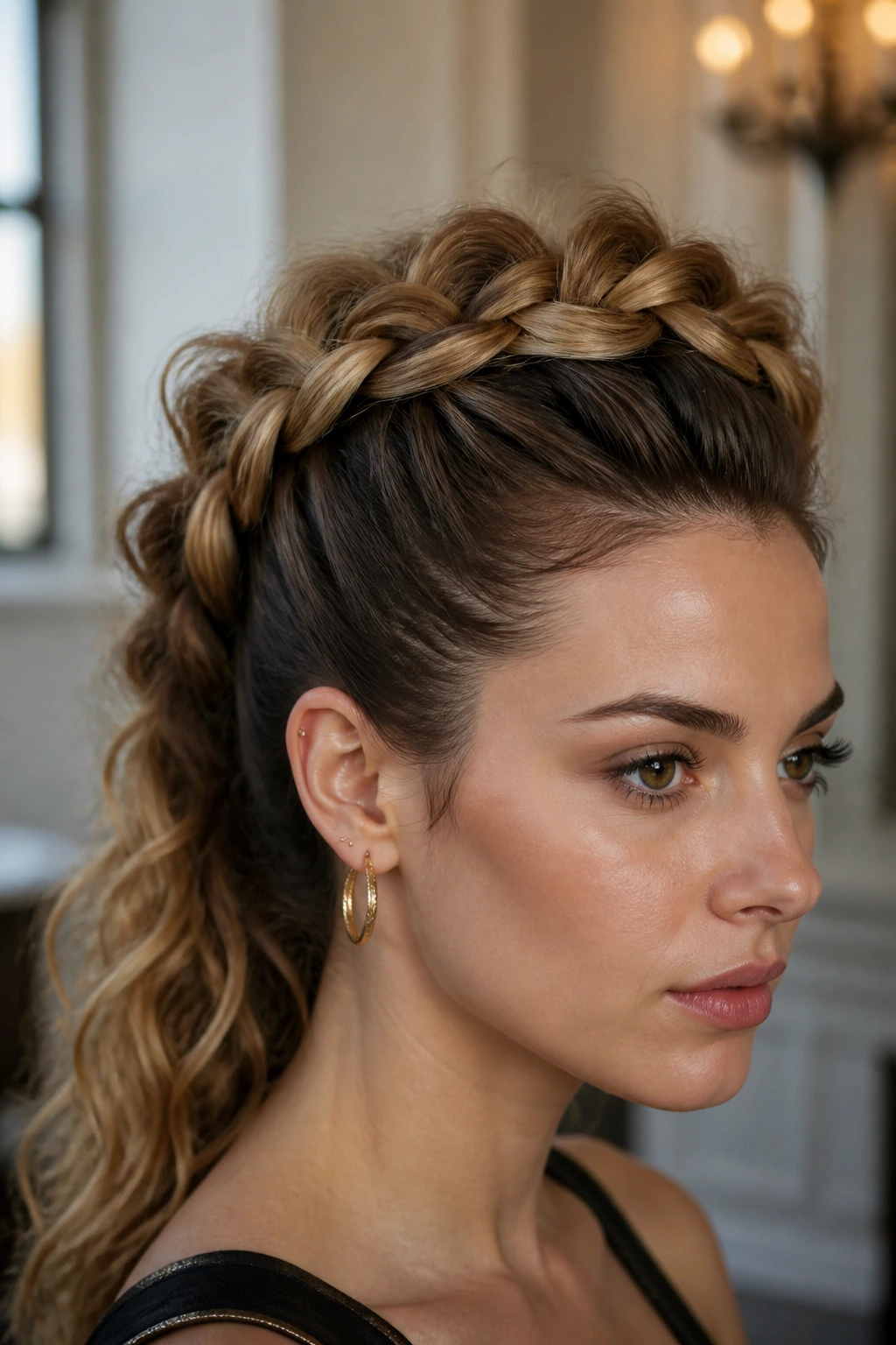 Close-up portrait of halo-braid mohawk hairstyle
