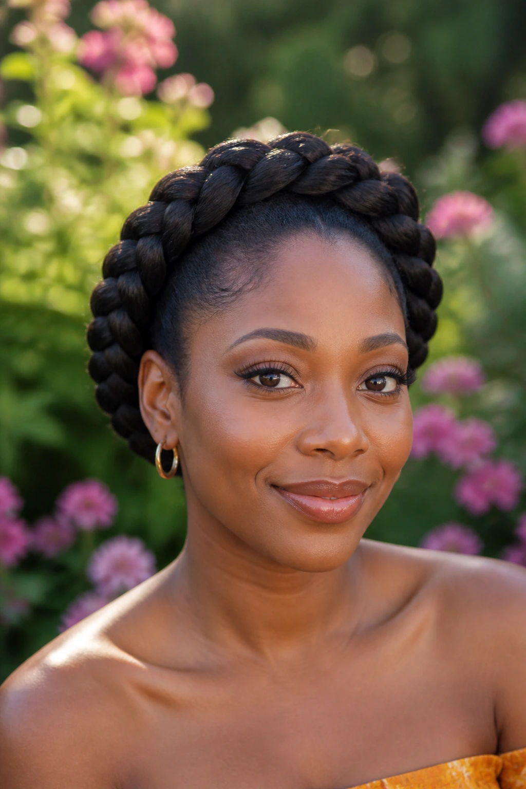Close-up of real Black woman wearing a halo braid around the head