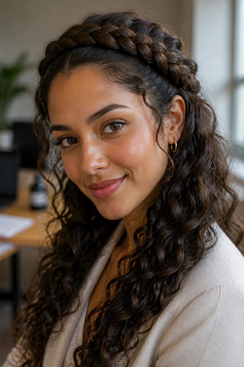 Close-up portrait of a real woman wearing a halo braid along the hairline with curls cascading over the shoulders.