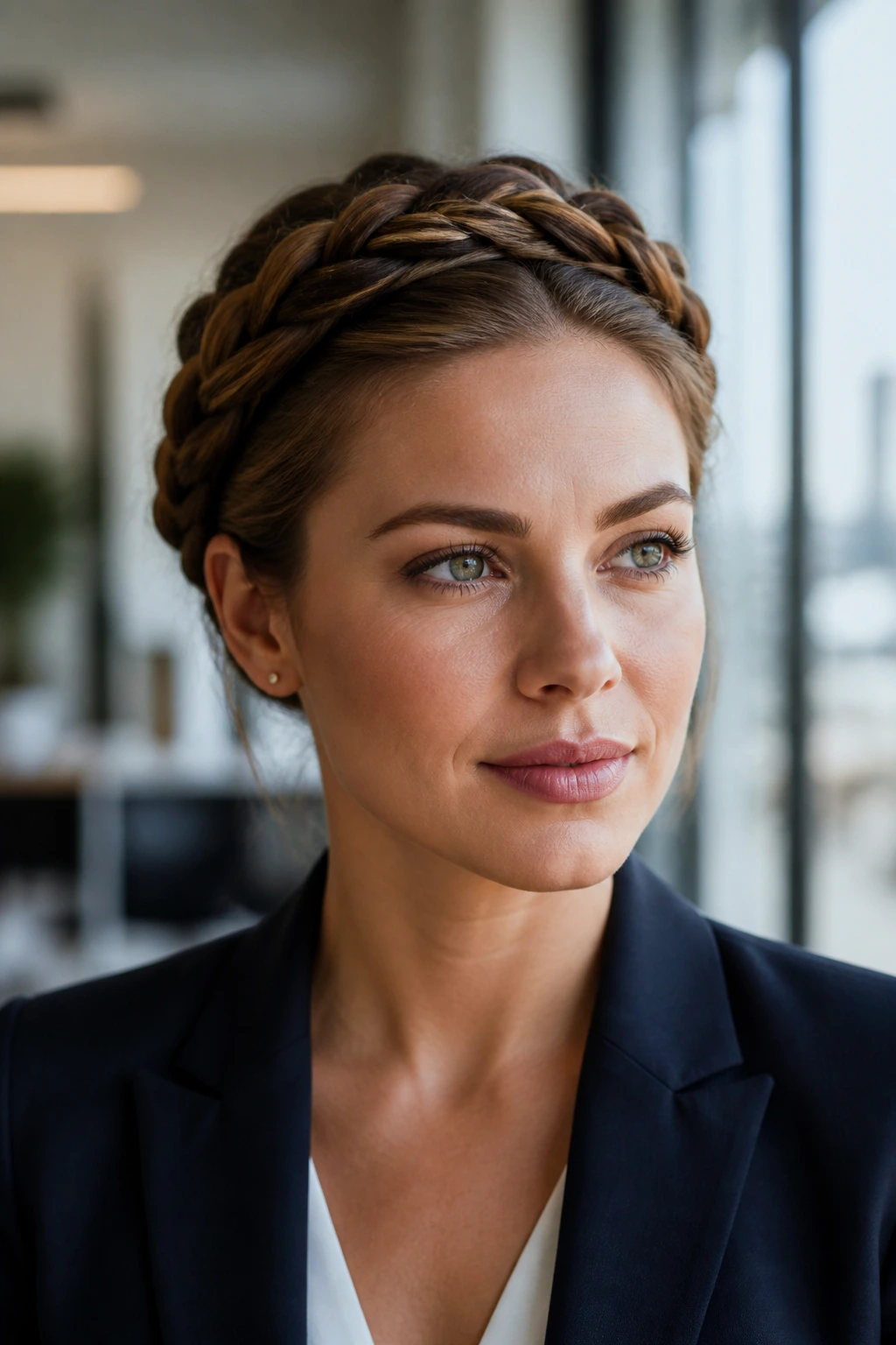 Close-up portrait of real woman with sleek office halo braid and clean crown