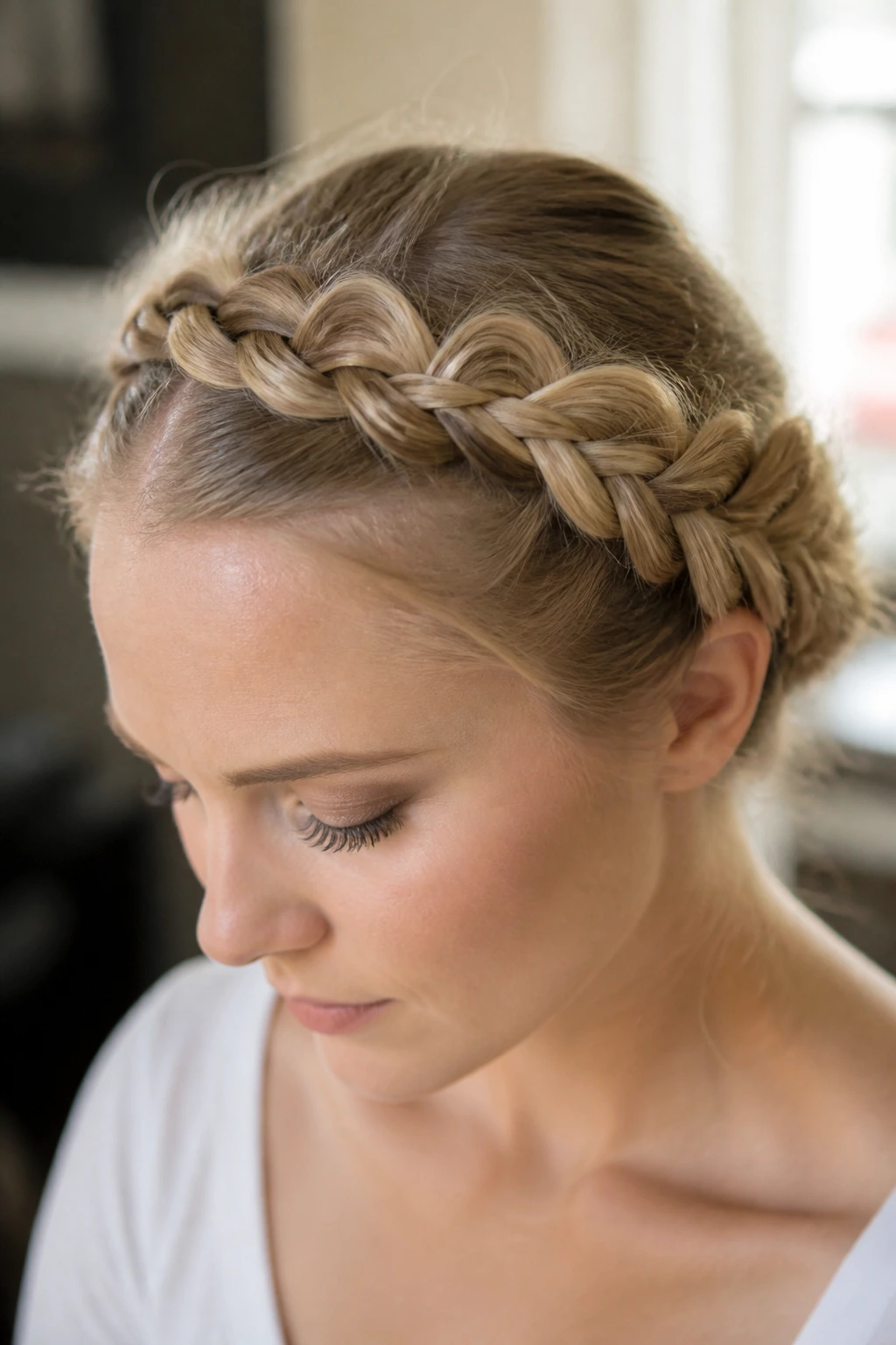 Close-up of halo braid hugging the perimeter on a real person
