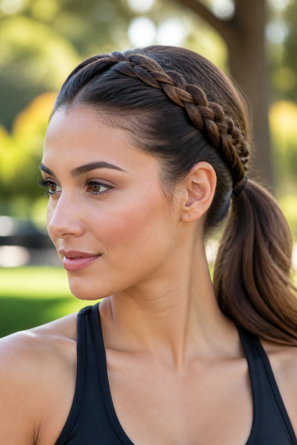 Close-up portrait of a woman with a halo braid that feeds into a ponytail