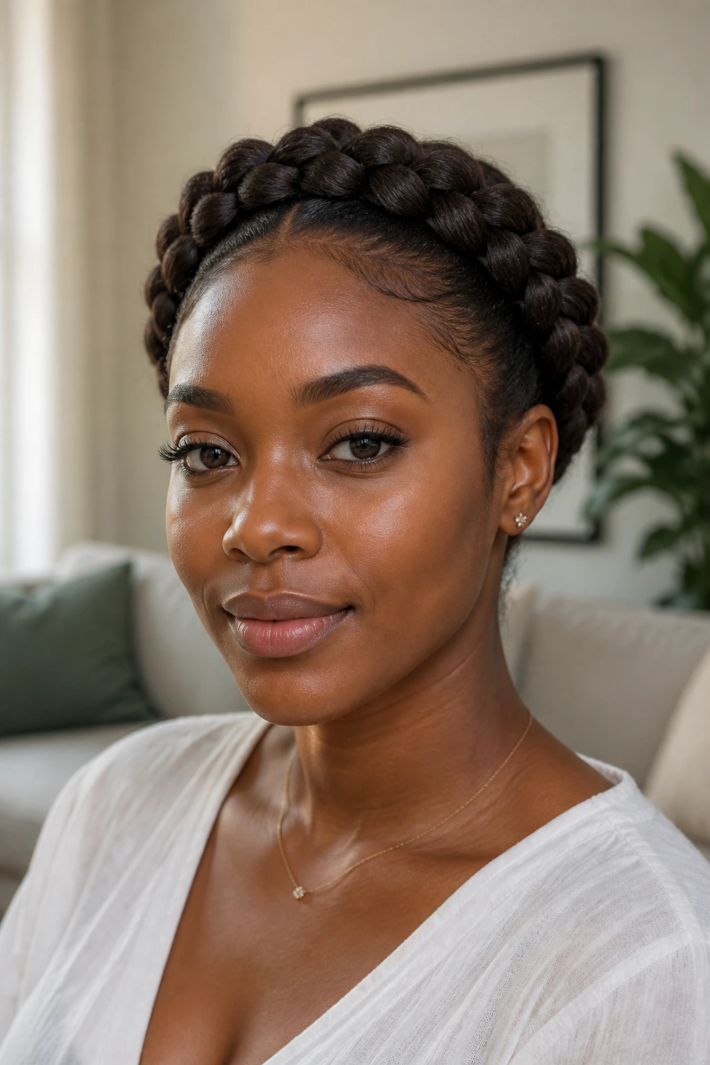 Close-up of a real Black woman with a halo braid around the head
