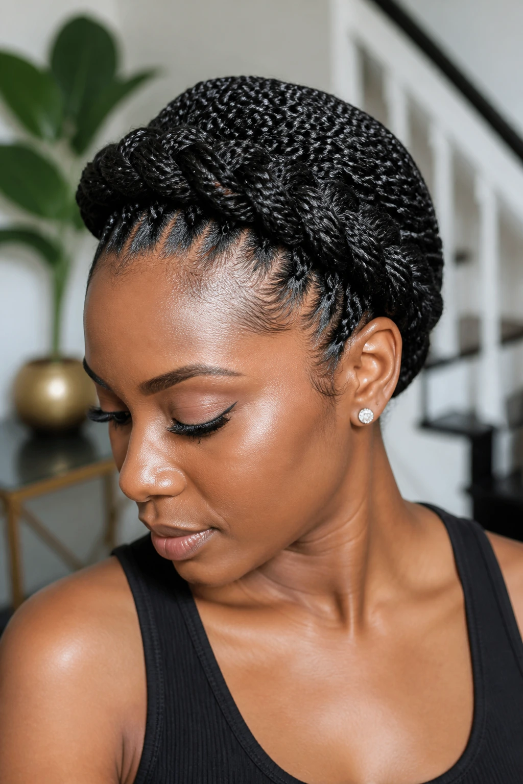 Close-up of real woman with Senegalese twist halo braid around crown