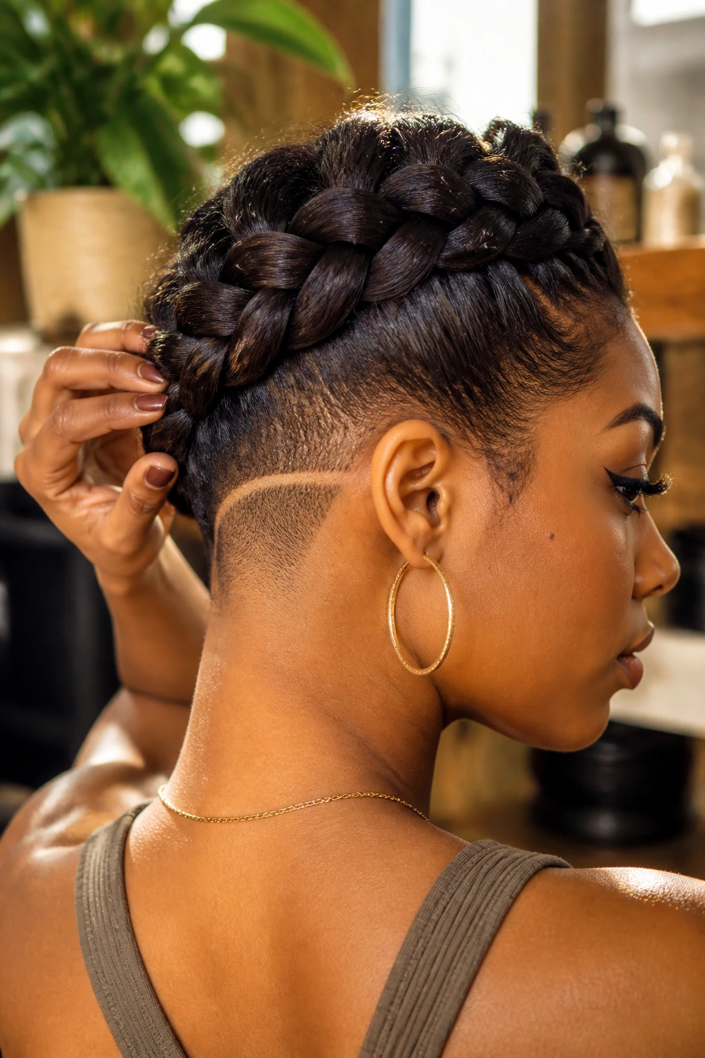 Close-up of halo braid with shaved nape crescent on a real woman
