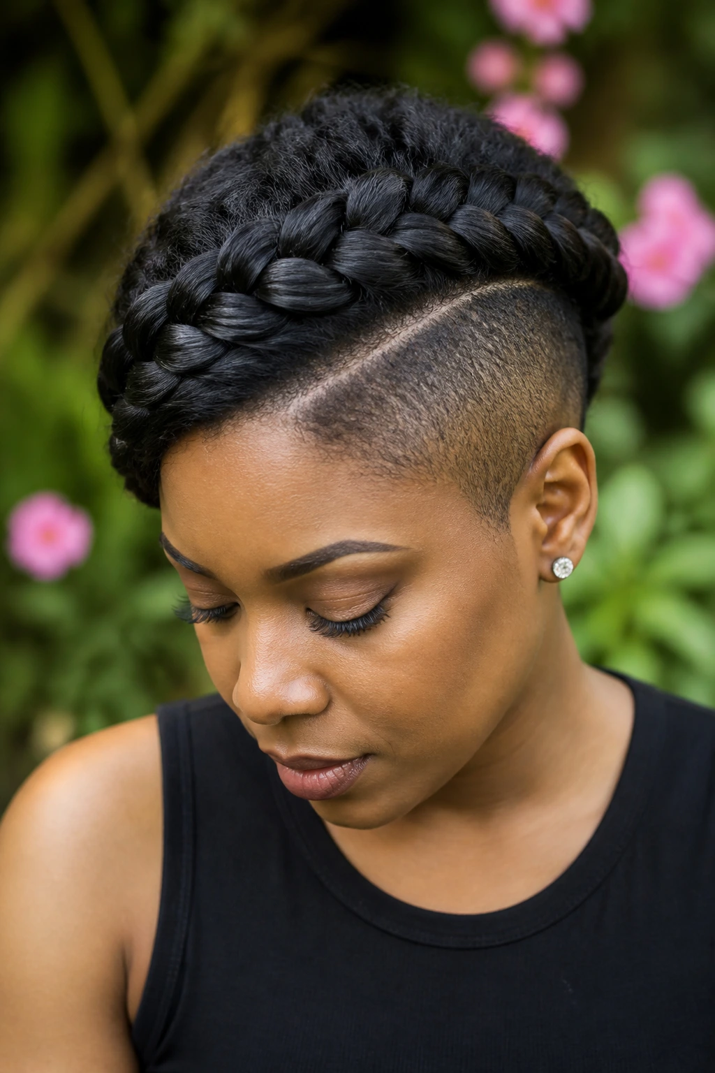 Real woman with halo braid and shaved side photographed outdoors.
