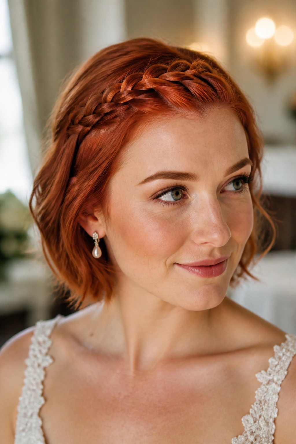Close-up of a copper-red short bob with a mini halo braid along the hairline