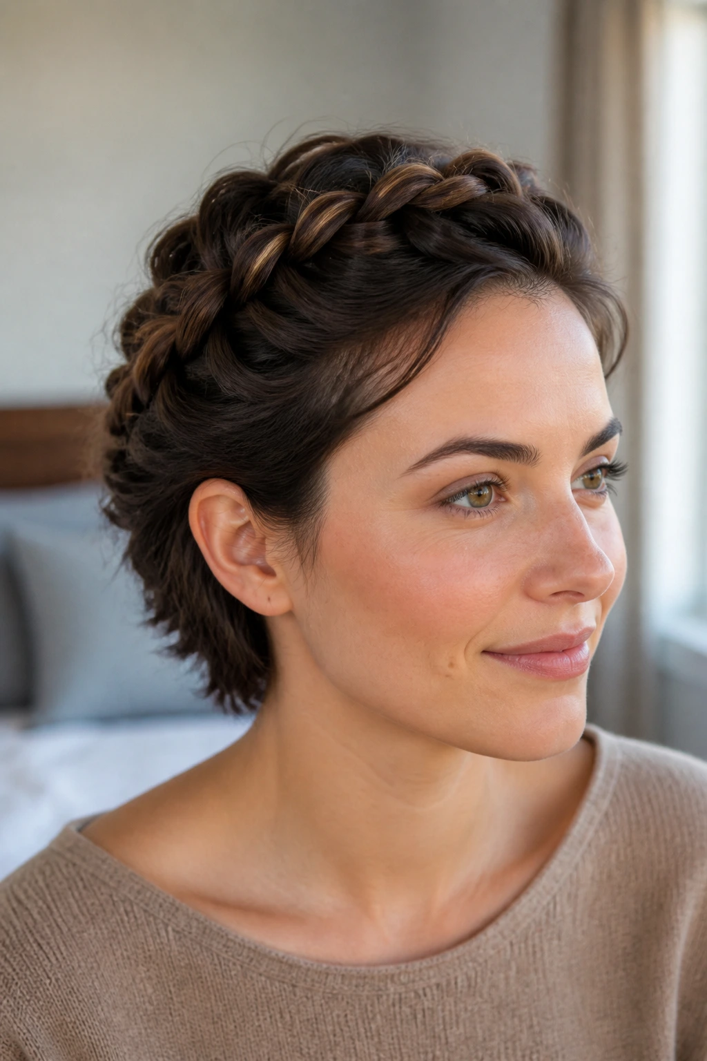 Close-up portrait of a real woman with halo braid and hidden ends secured under the opposite side