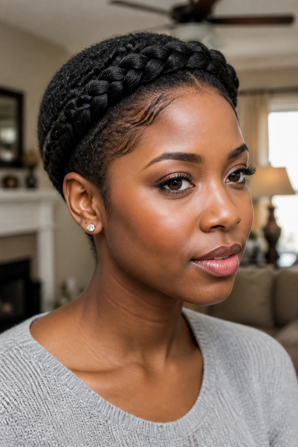 Close-up of halo braid on short natural hair on a real woman