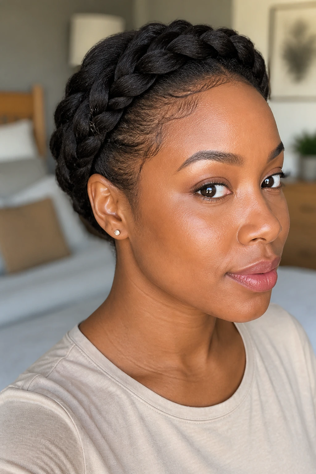Close-up portrait of a woman with a compact halo braid on short natural hair