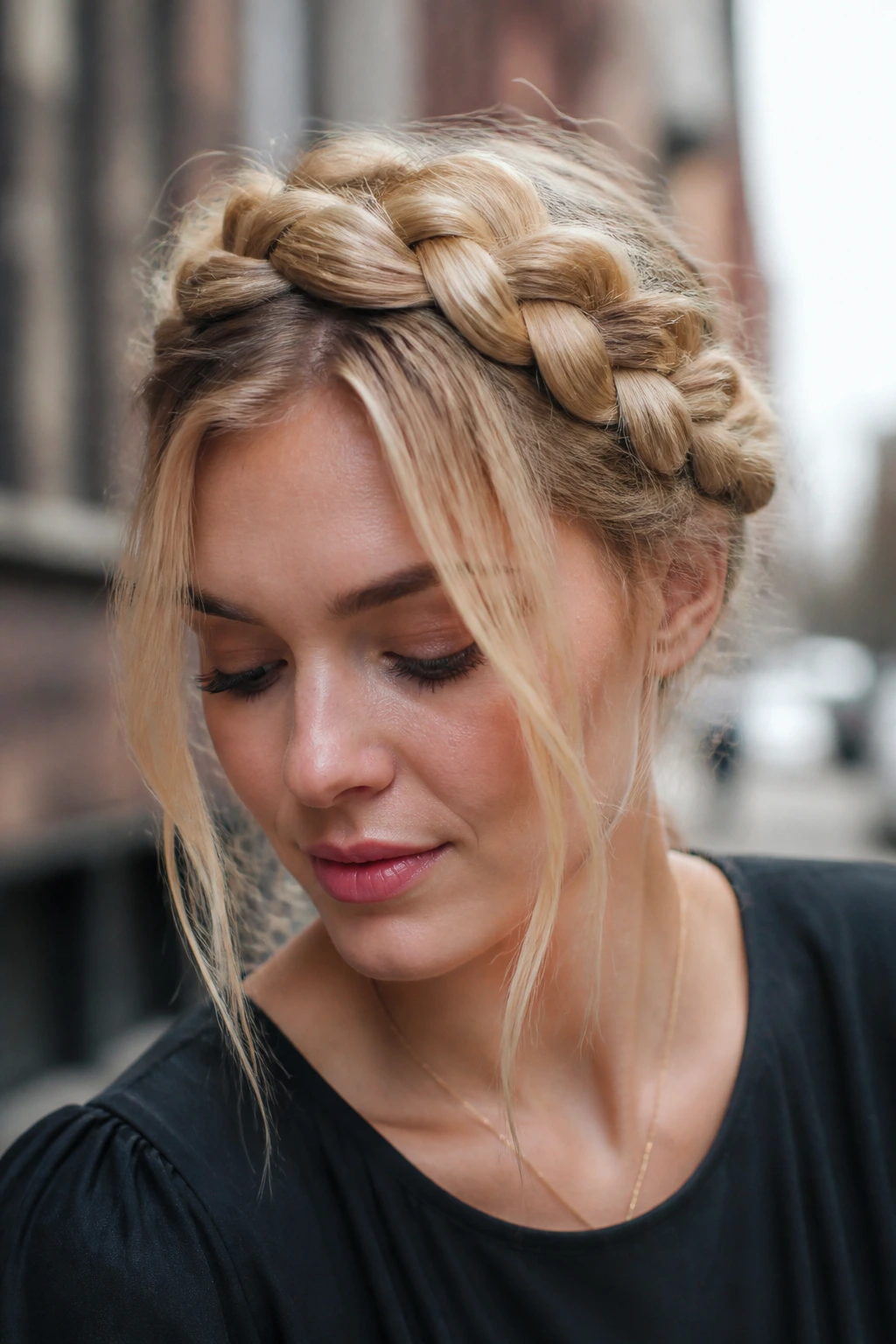 Close-up of real woman with side-swept halo braid