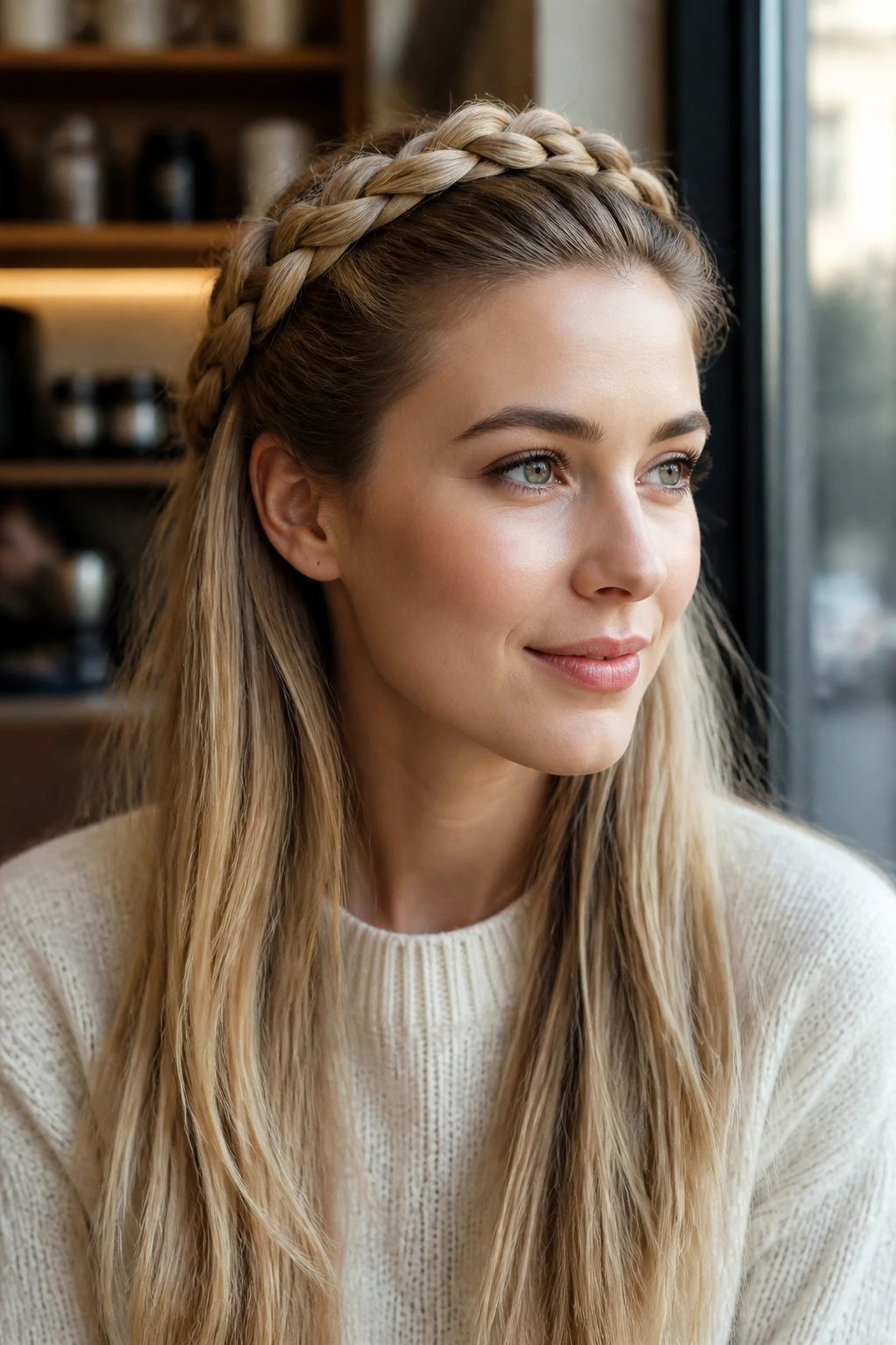 Woman with halo braid around head and smooth hairline by window light