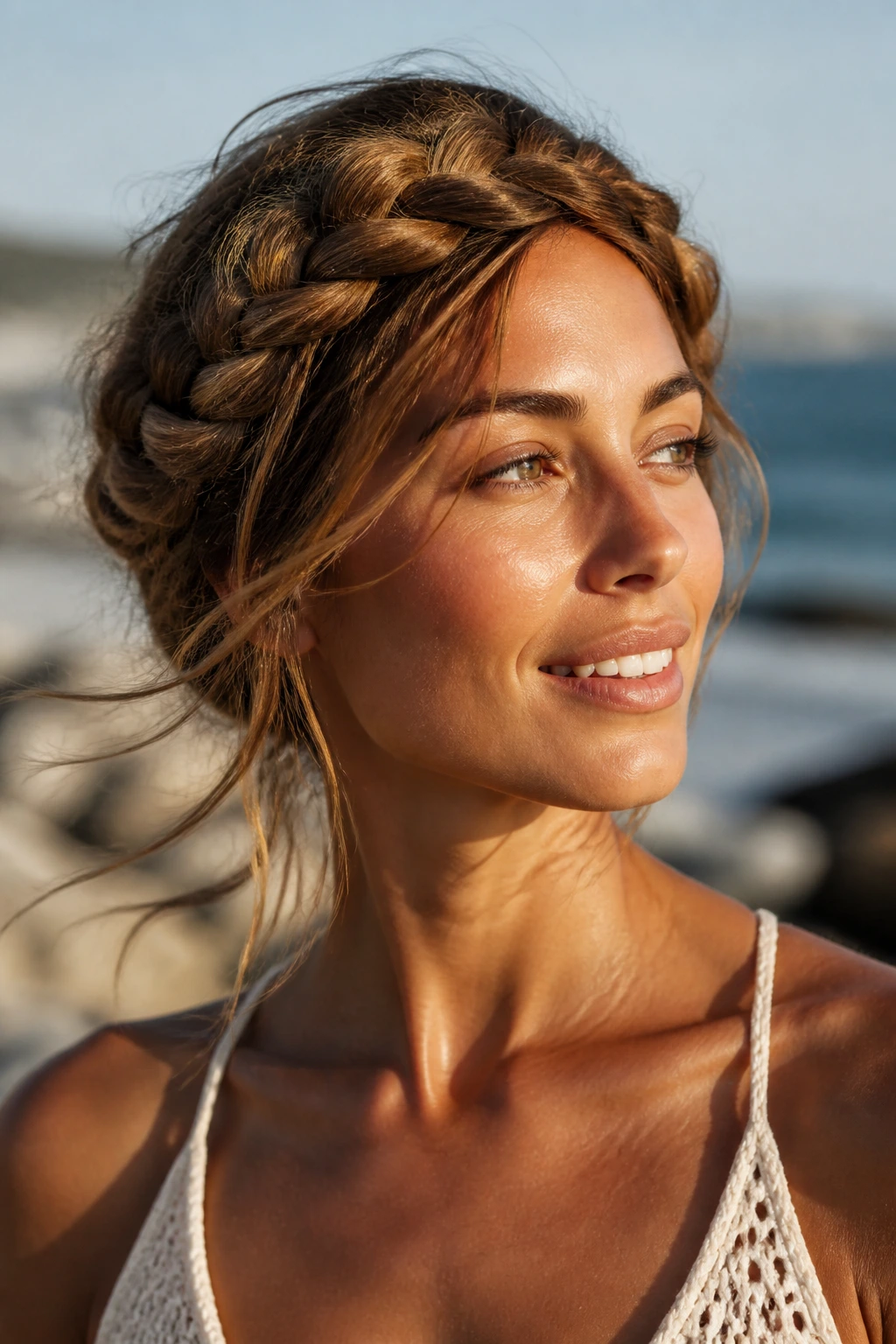 Real woman with halo braid in sun-kissed outdoor setting