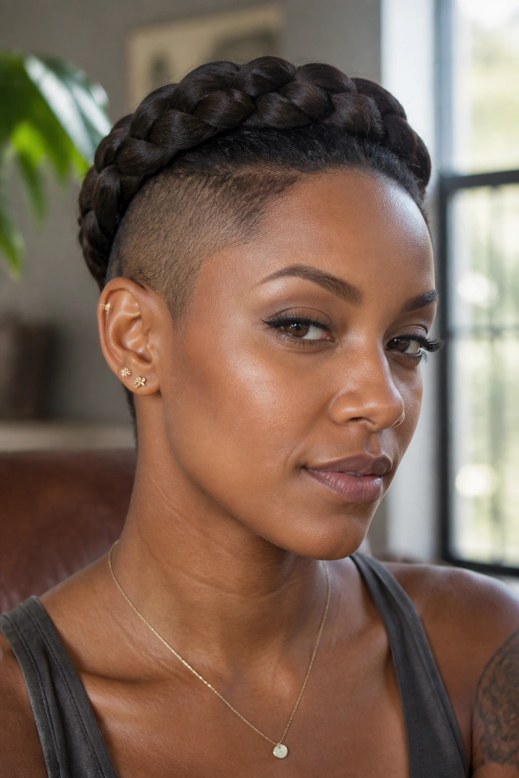 Close-up of a woman with a halo braid and temple shave