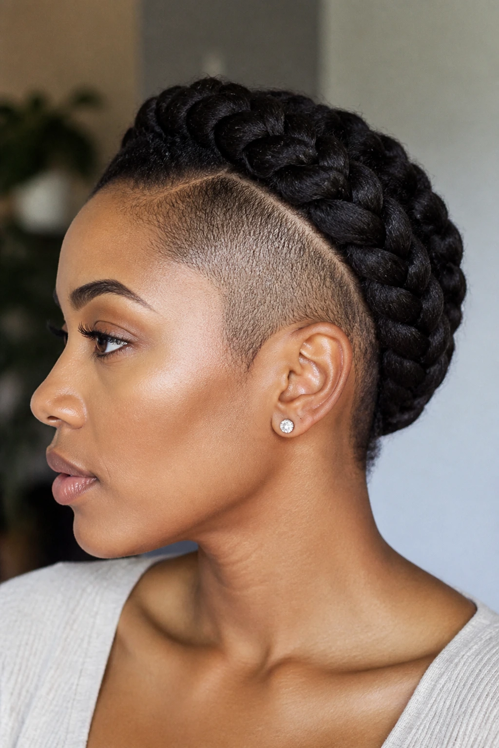 Close-up of a real person with halo braid and temple shave, soft lighting