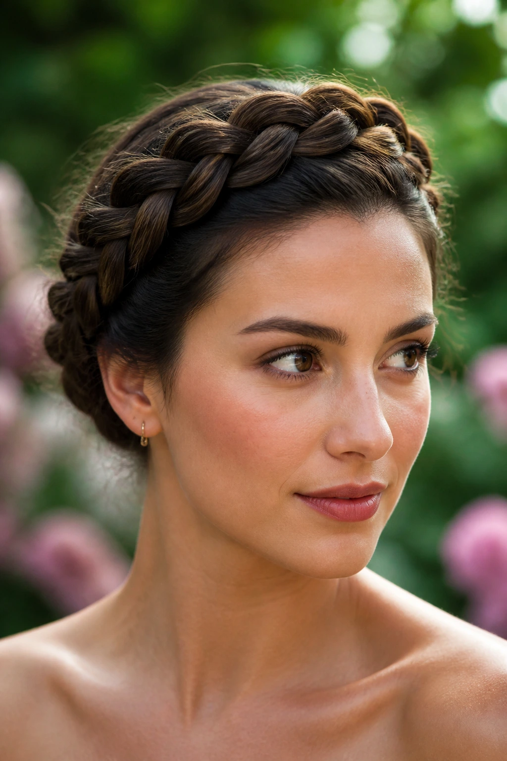 Close-up portrait of a real person wearing a halo braid around the head