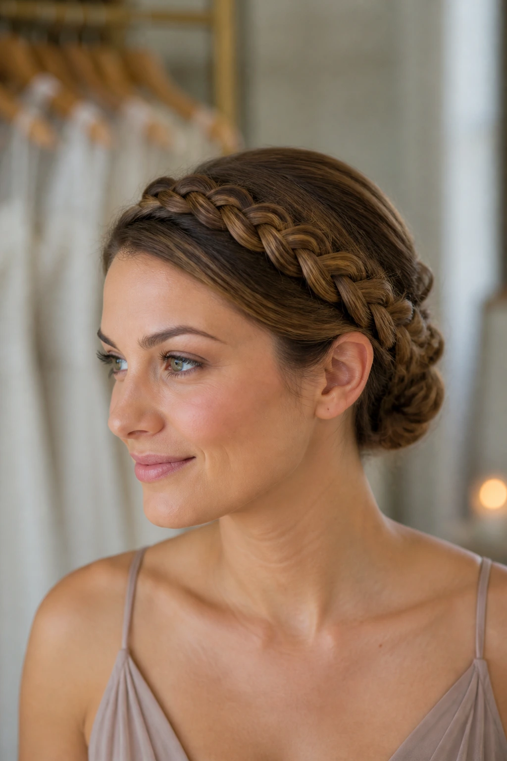Close-up of a real woman with a halo braid wrapped around her head and tucked bun at the back