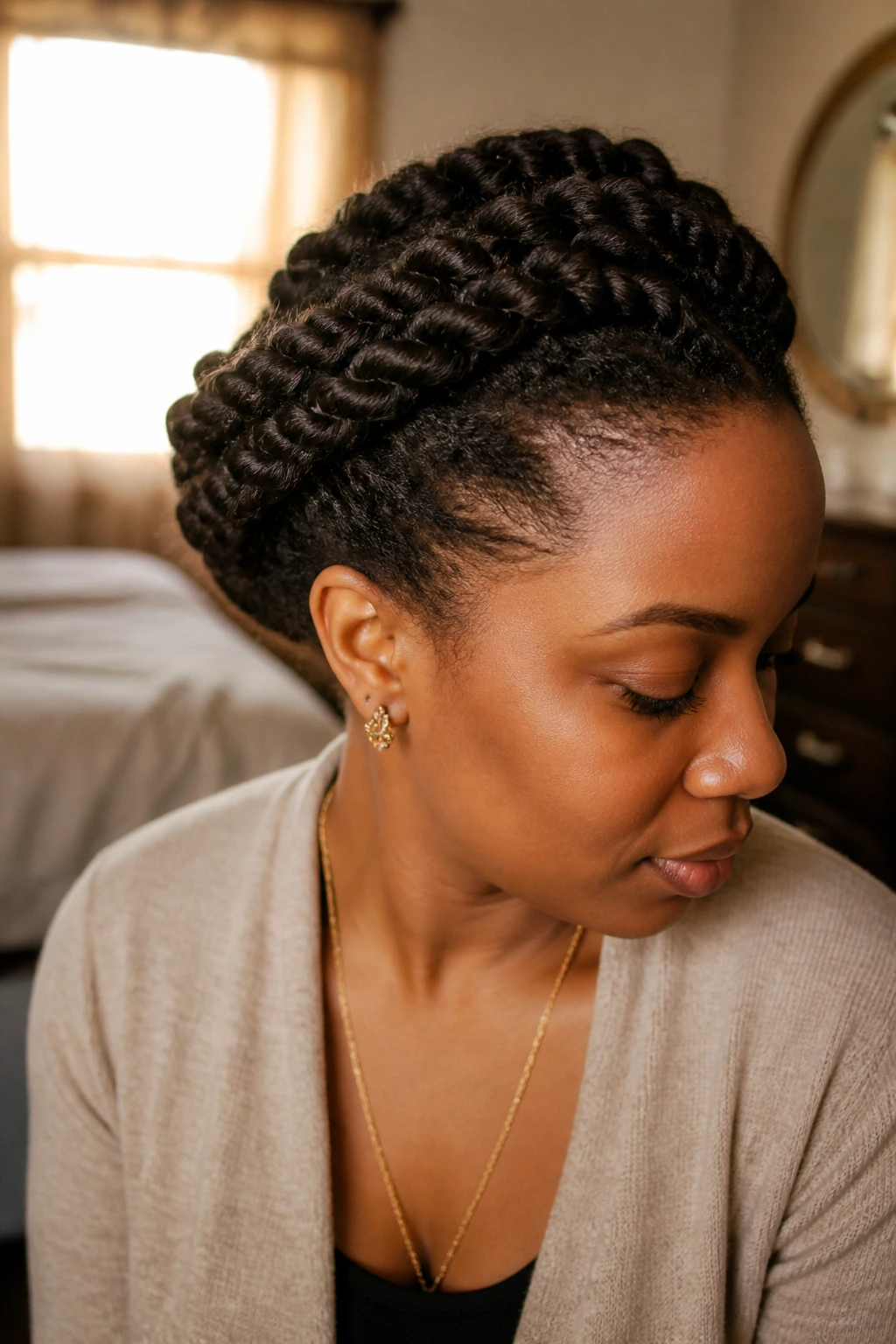Close-up of real woman with halo braid on two-strand twists