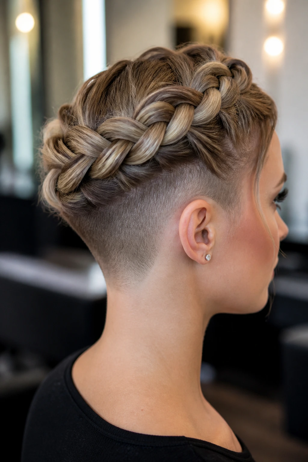 Close-up of halo braid with undercut on a real person