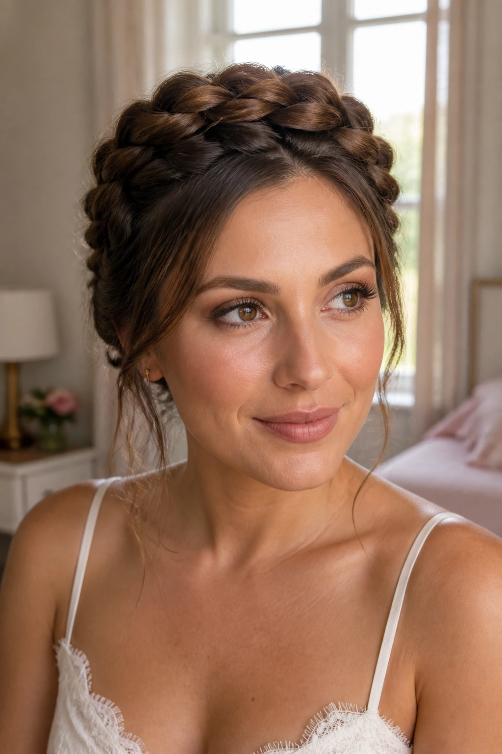 Close-up portrait of a woman with a halo braid around the crown, tucked ends at the nape.