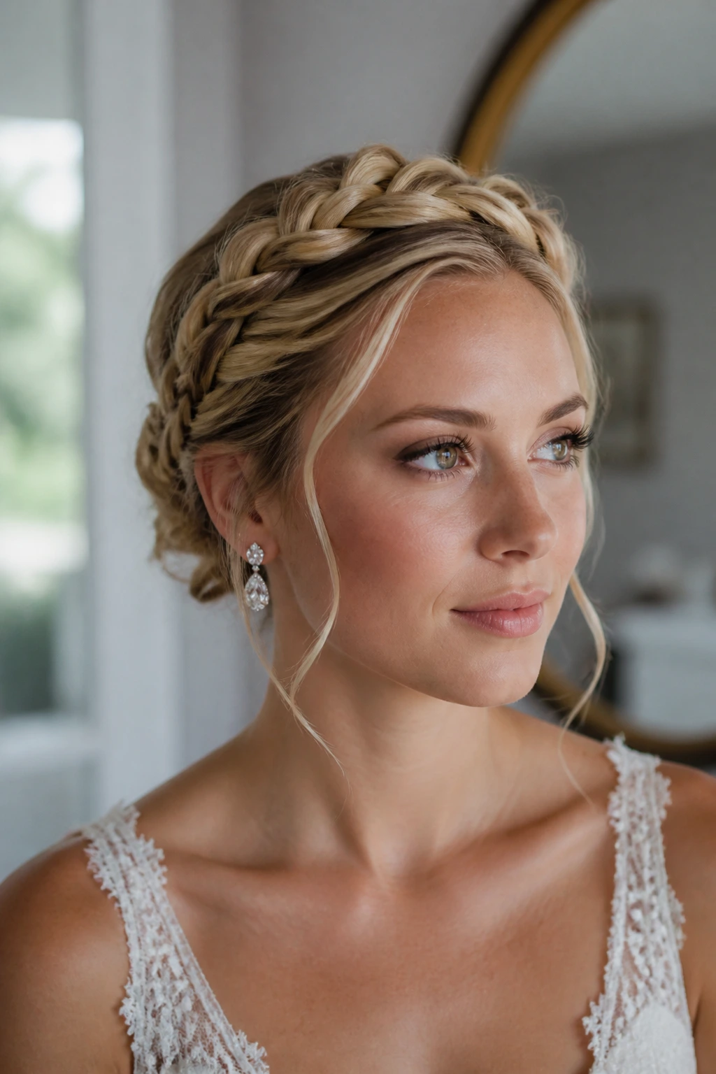 Close-up of a real bride with Halo Braid Updo