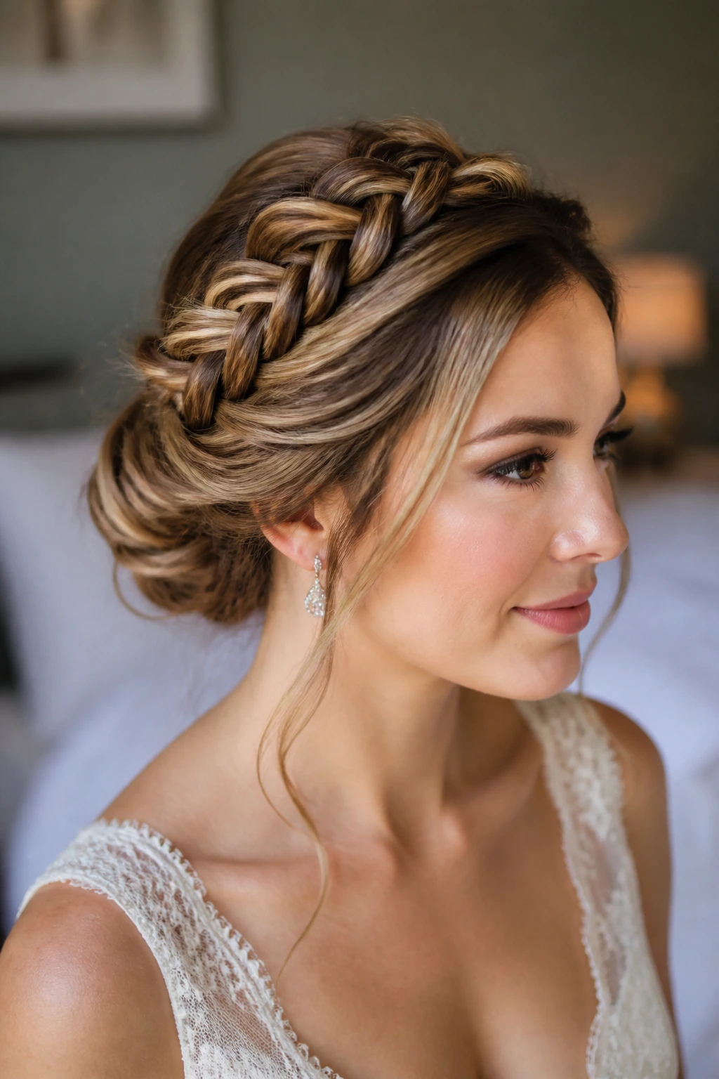 Close-up of a real bride with a halo braid encircling the head and a tucked bun at the back.