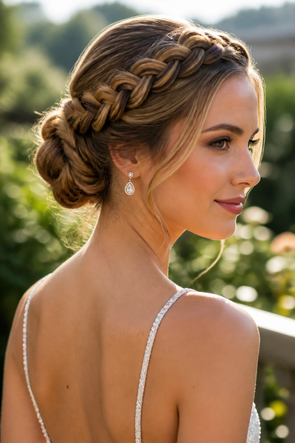 Real woman's halo braid around crown with bun at back in golden hour light.