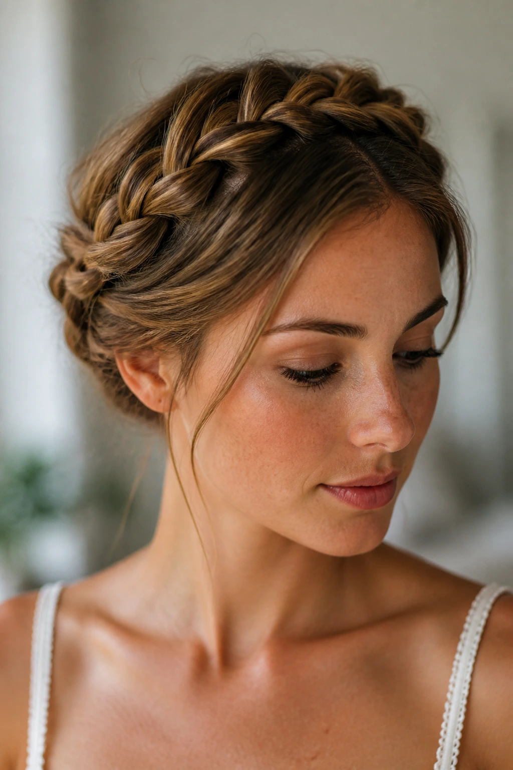 Close-up of a real woman with a halo braid around the head, ends tucked for a smooth finish