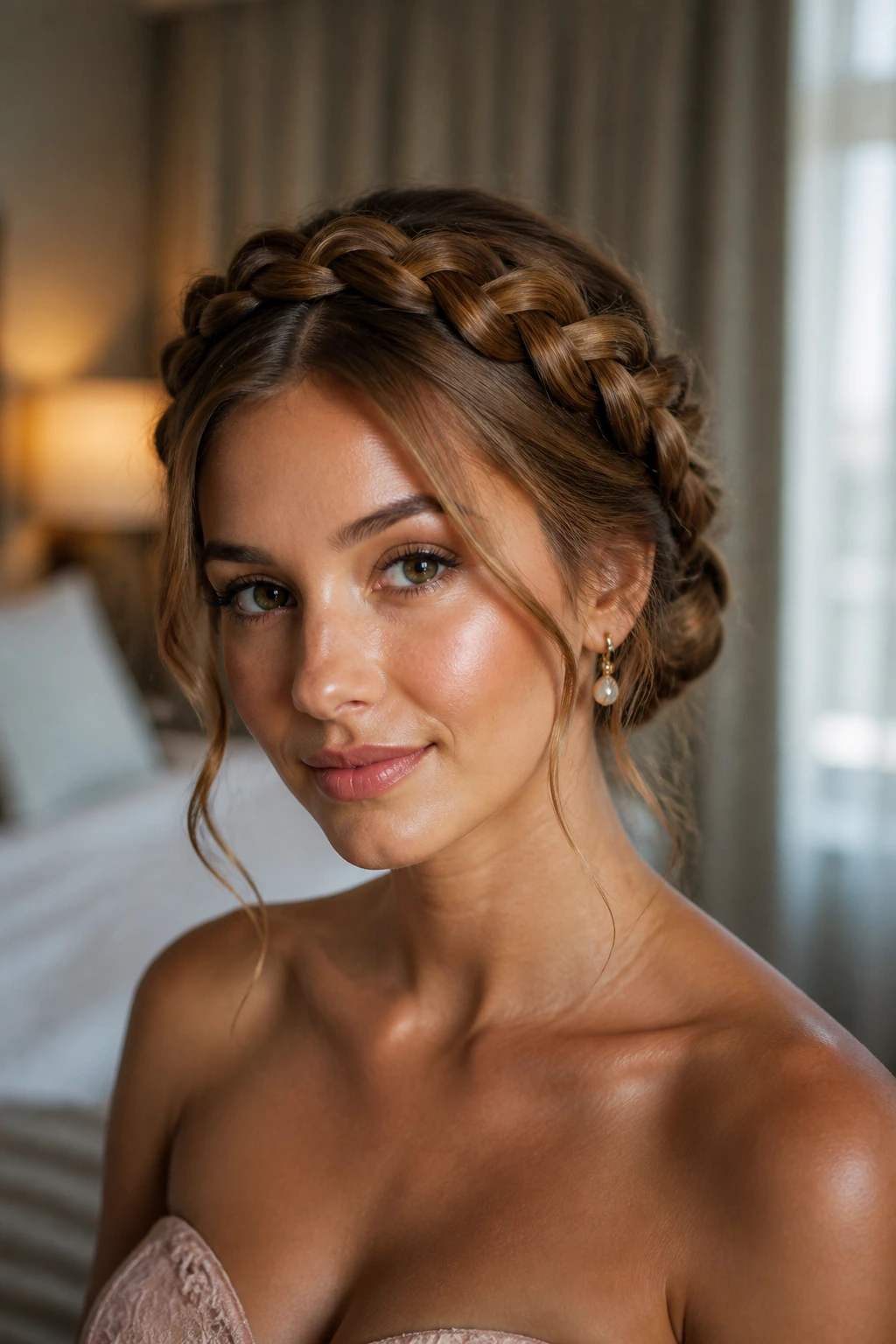 Front view of a woman wearing a halo braid around the head with length tucked into a bun