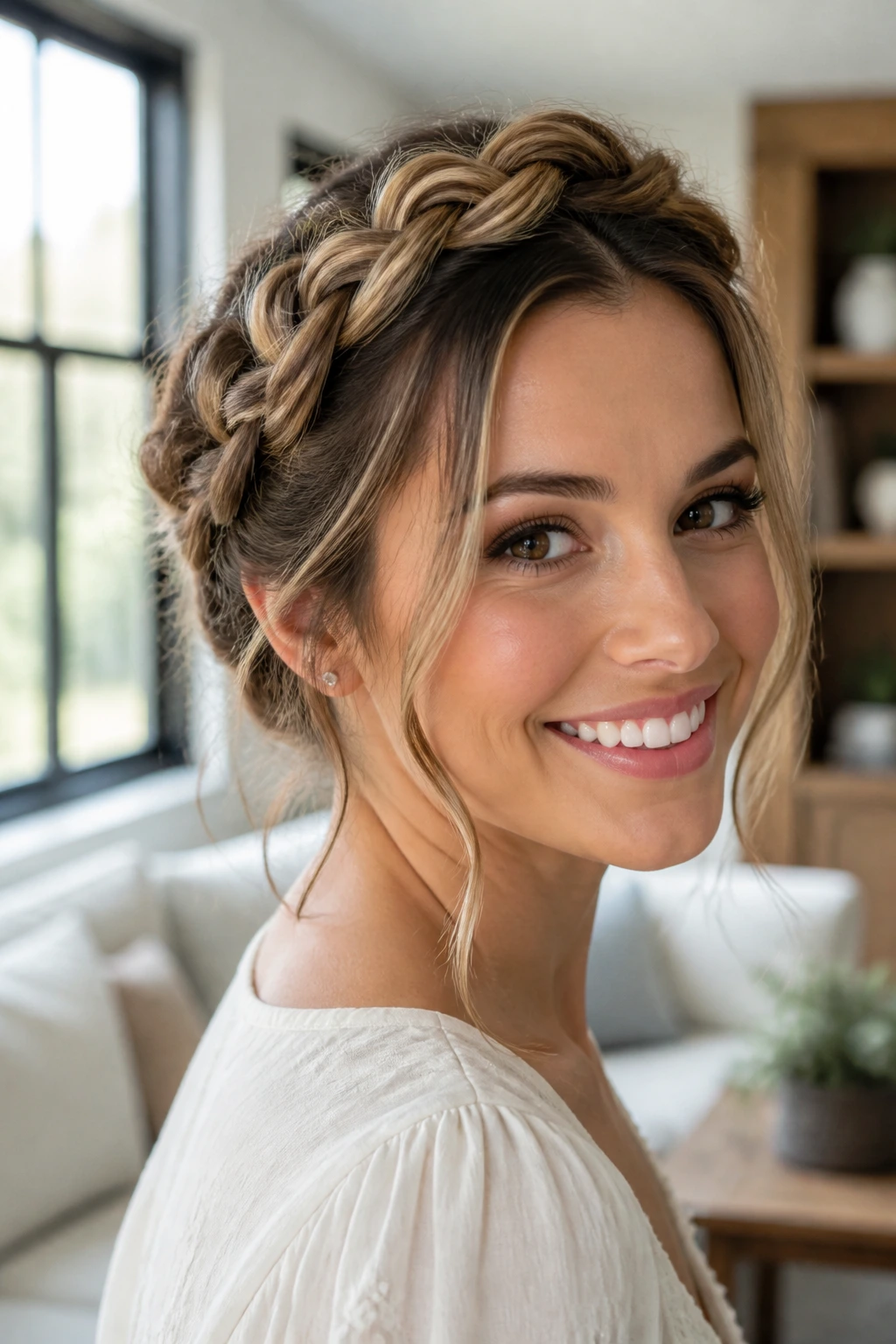 Real woman with halo braid and loose face-framing pieces in a bright interior.