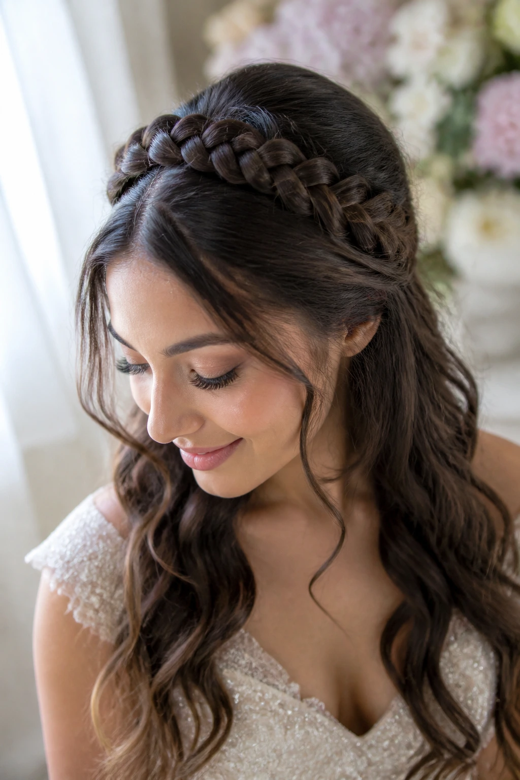 Close-up of a real woman with a halo braid and loose waves
