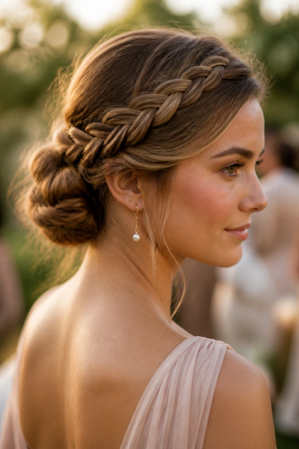Real woman with halo braided bun in garden setting