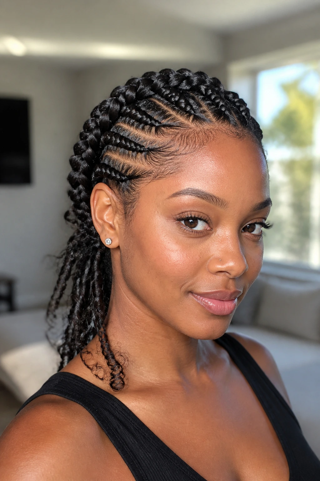 Close-up of halo braids with loose ends around the head