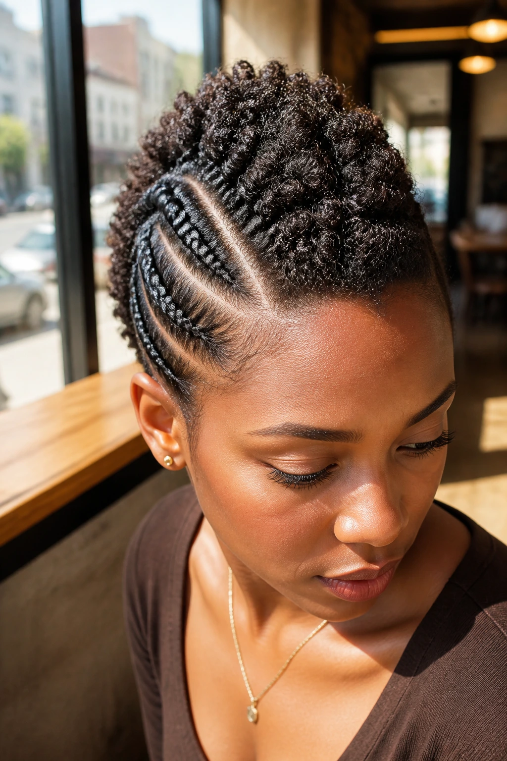 Close-up of halo braids feeding into a mohawk on a real person