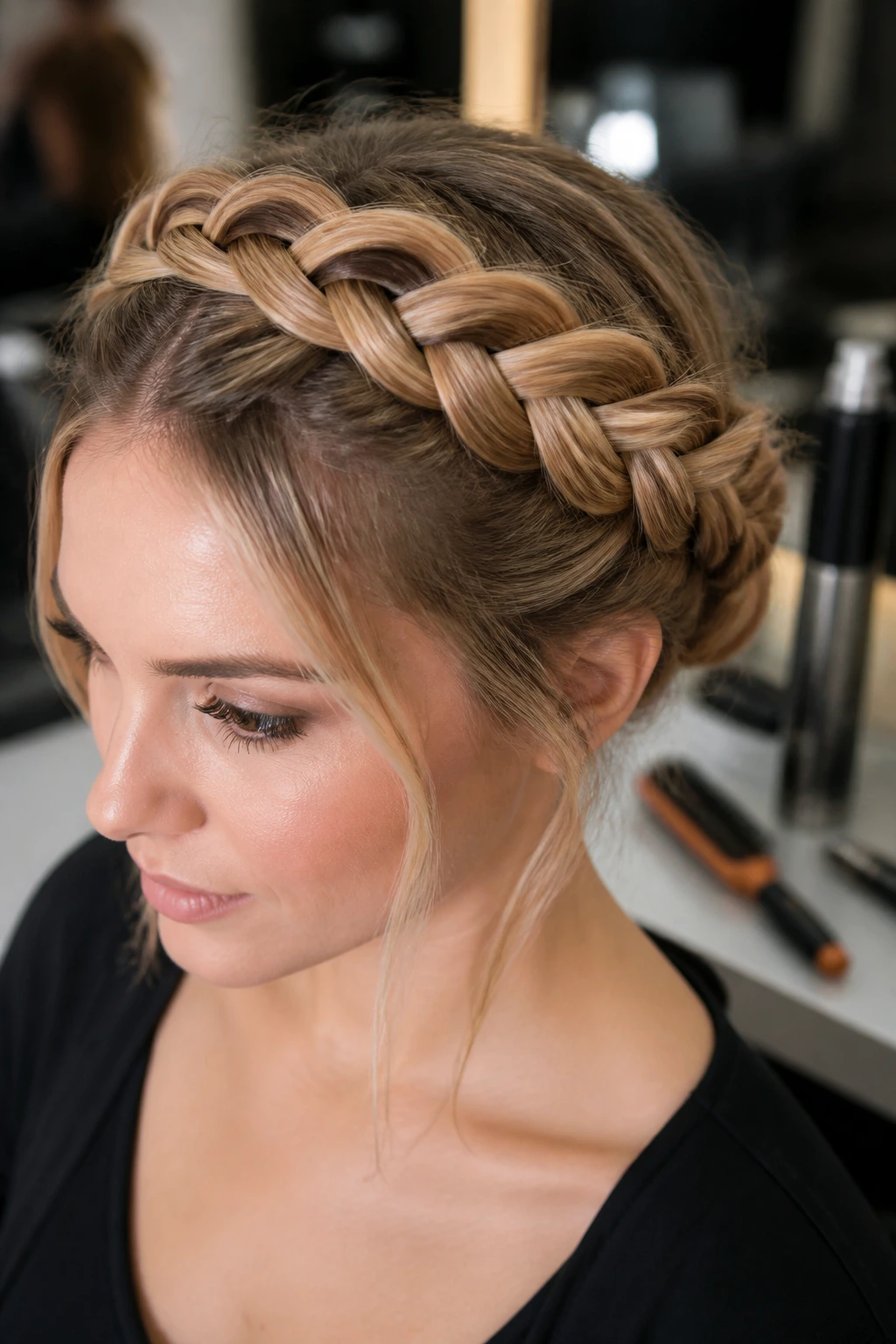 Close-up portrait of a person with halo braids, tools softly blurred in background.