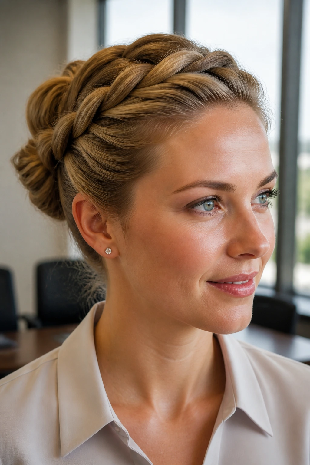 Close-up portrait of a real woman with a twisted halo bun in a bright office