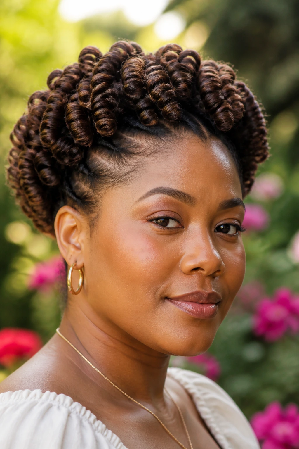 Close-up of a person wearing a halo coil crown around the head.