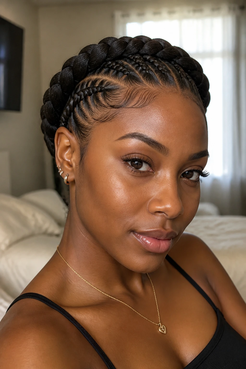 Close-up portrait of a real woman with halo crown feed-in braids around the hairline, natural window light