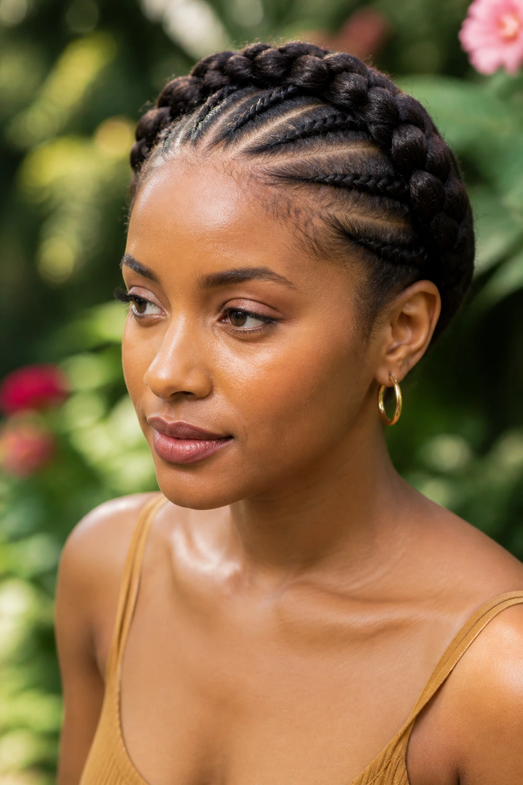 Portrait of person with halo crown cornrows encircling the head