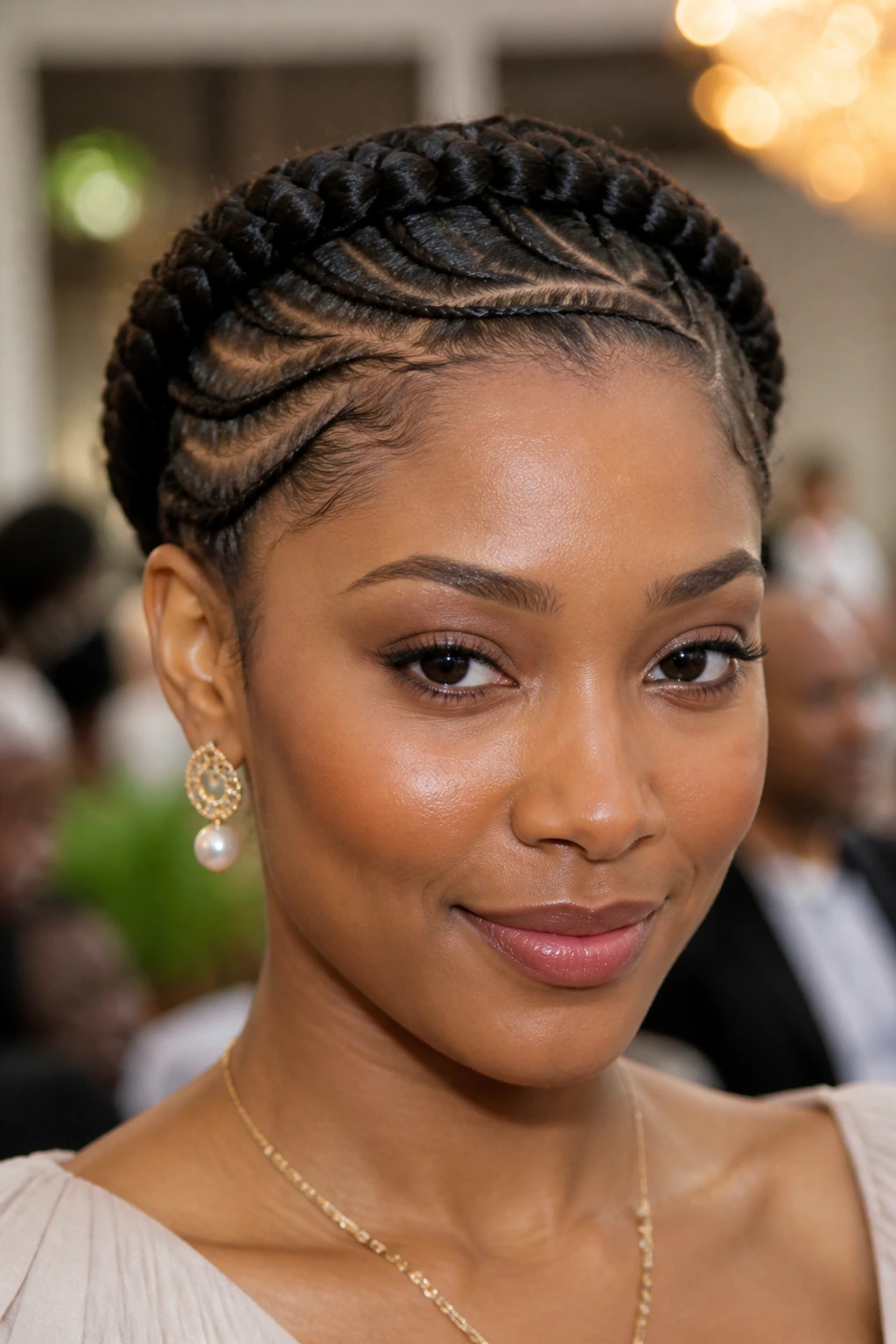 Close-up of a real woman with halo crown cornrows circled around her head