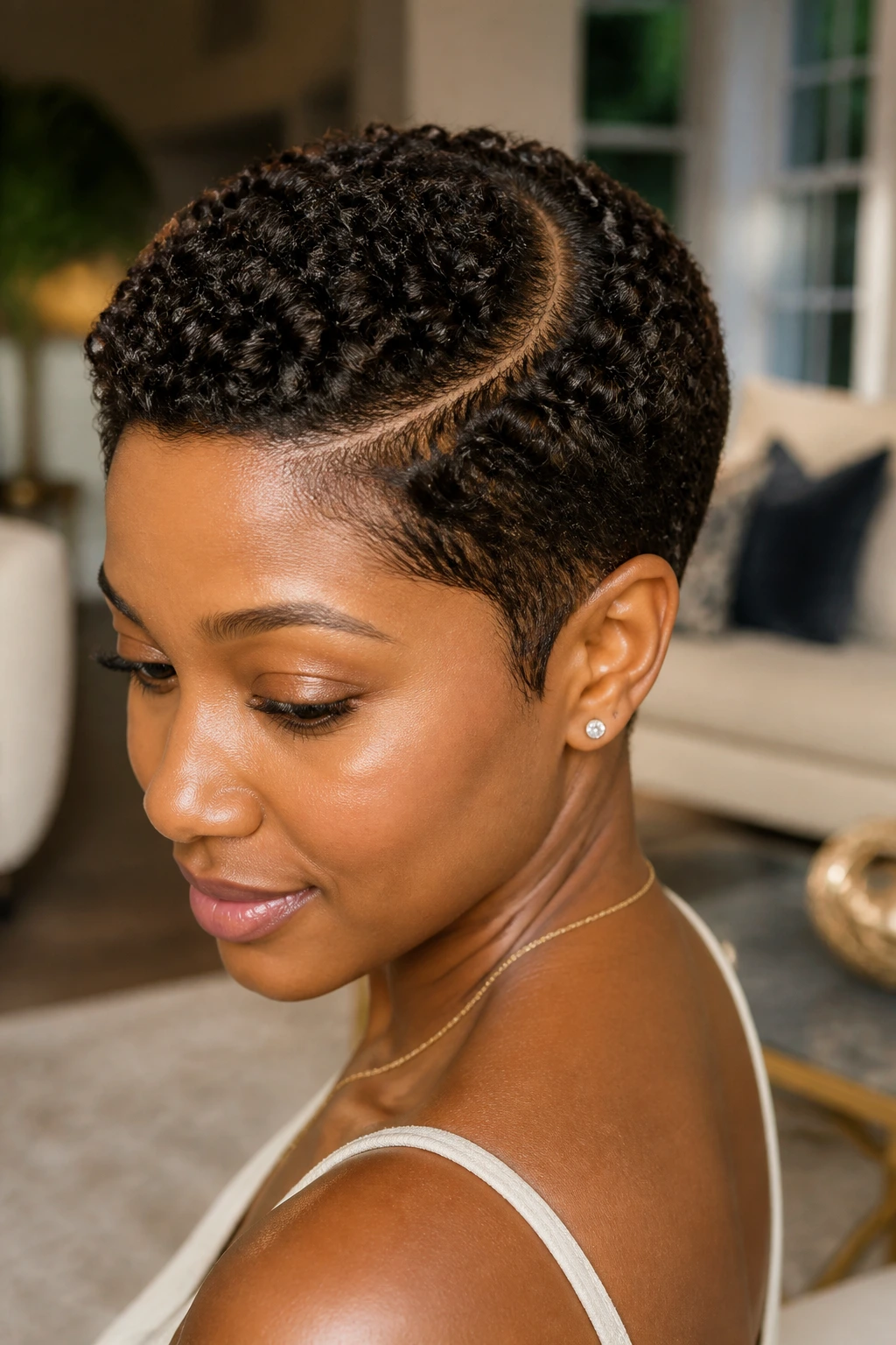 Close-up of a real woman's halo-part crop forming a circular crown with natural light