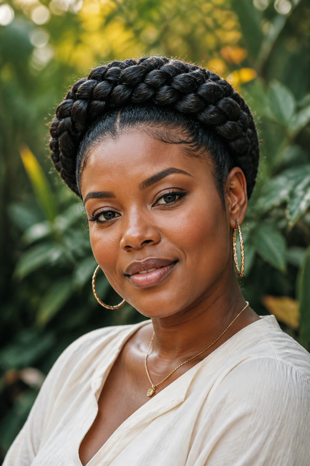 Real woman with halo crown jumbo box braids around head.