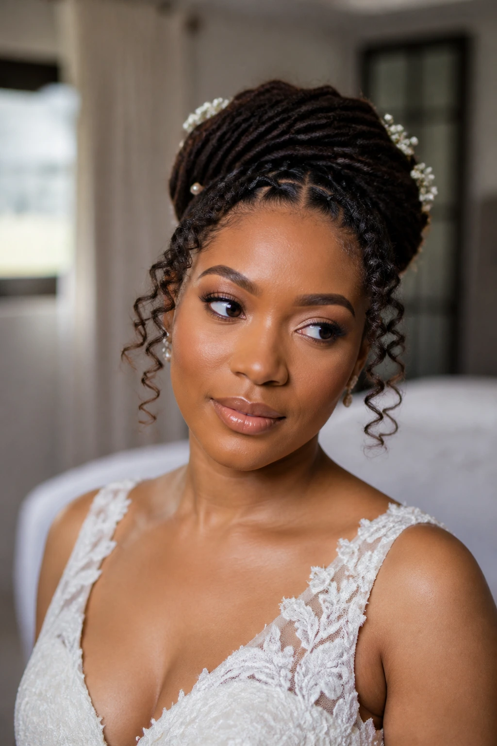 Close-up of a real bride wearing a halo crown with face-framing spirals