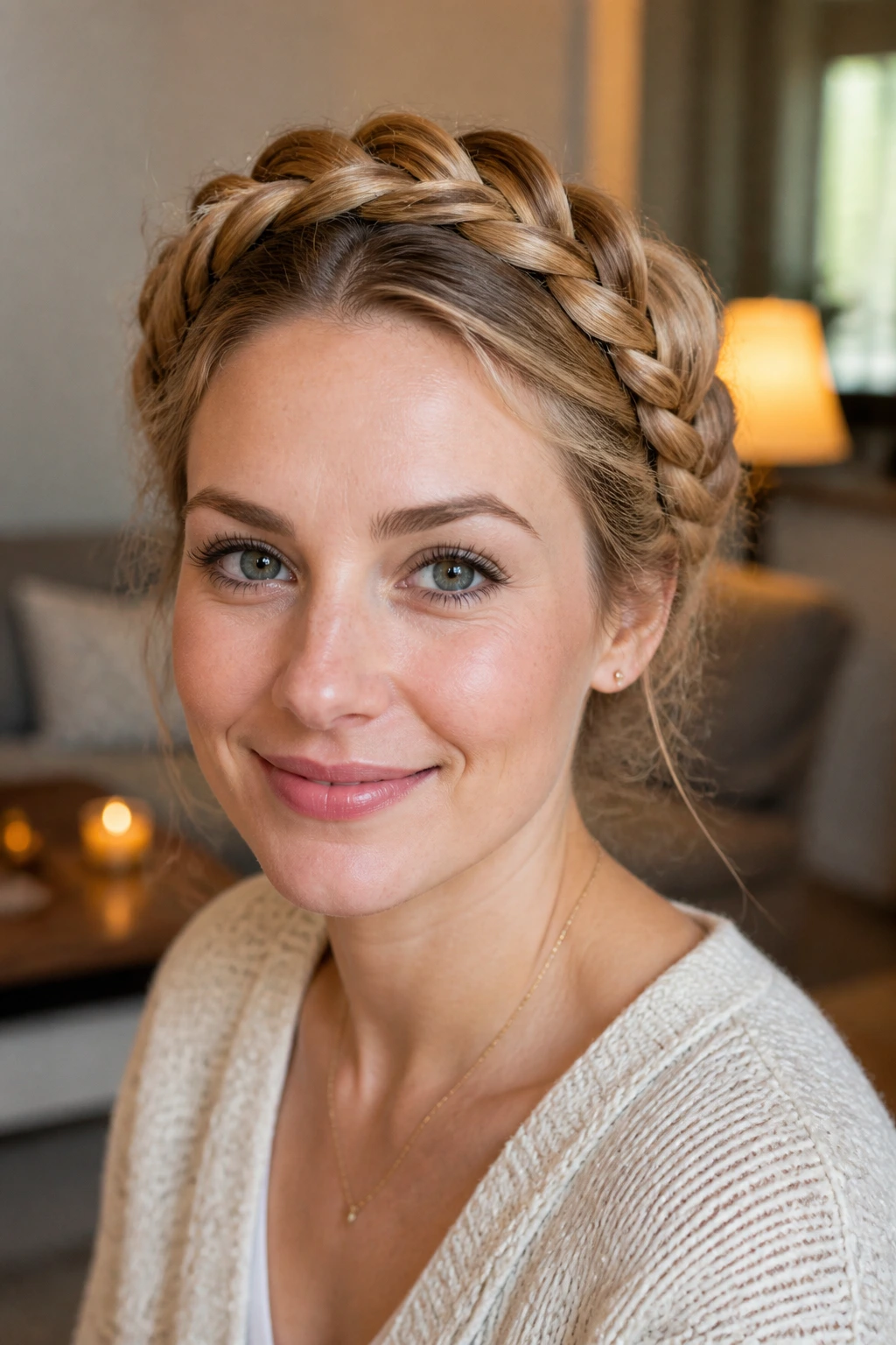 Real-life halo braid portrait in a cozy home setting