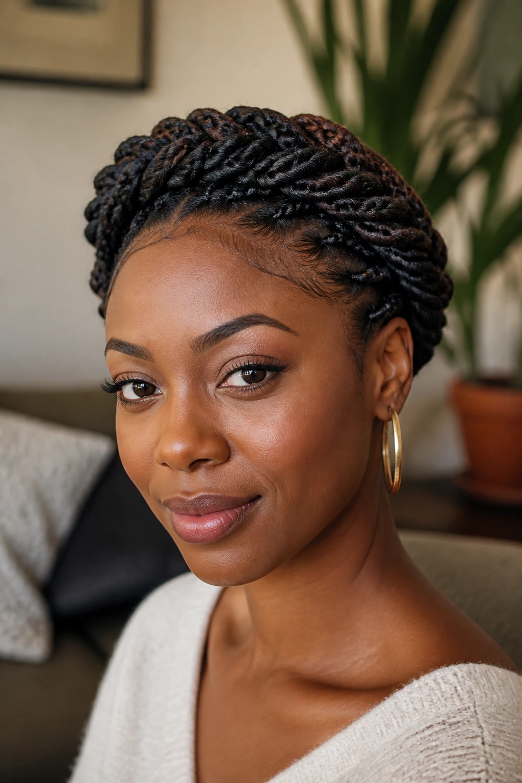 Close-up of a real person wearing a halo crown Senegalese twist updo with twists arranged around the head