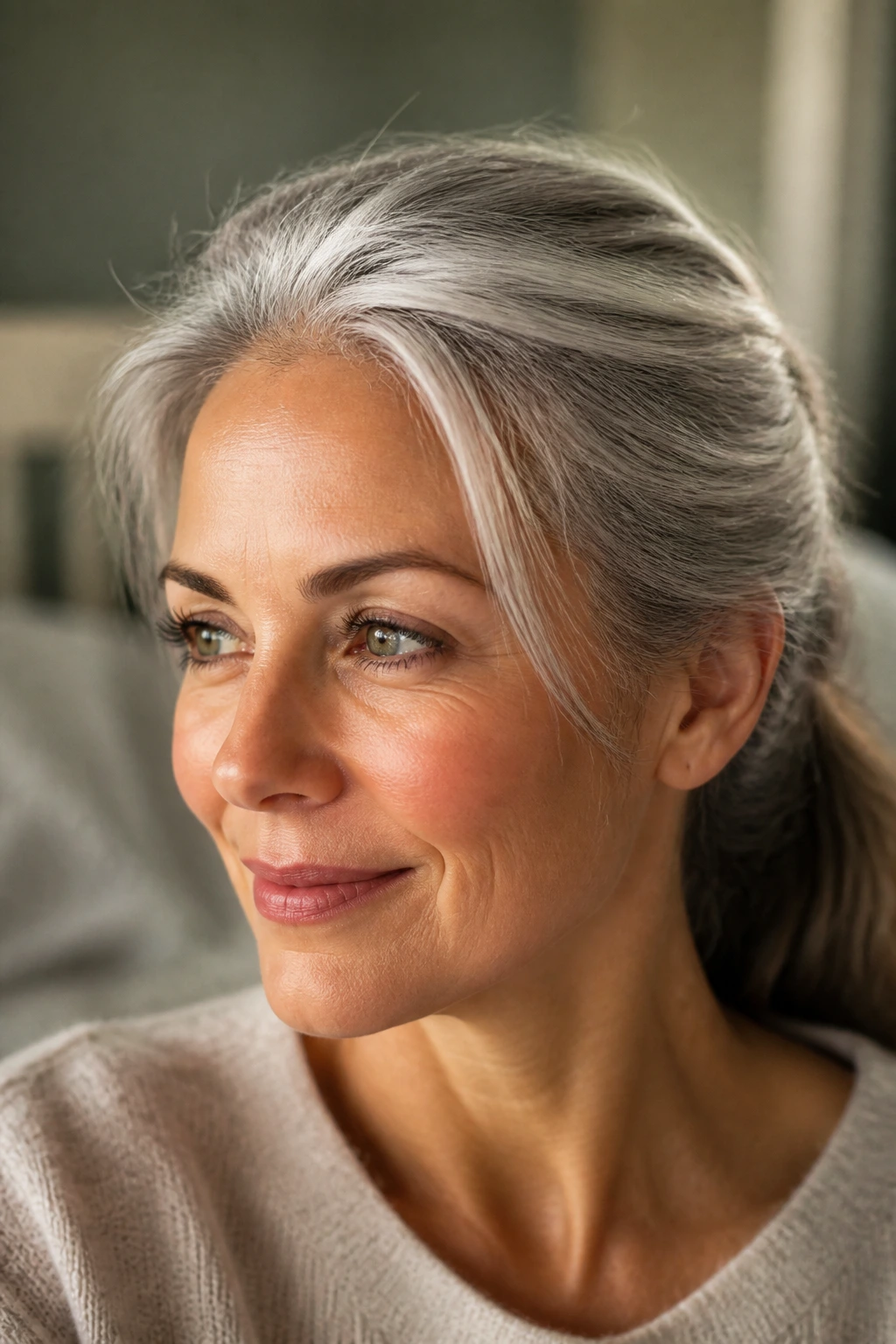 Portrait of a real woman with a silver halo around the crown.