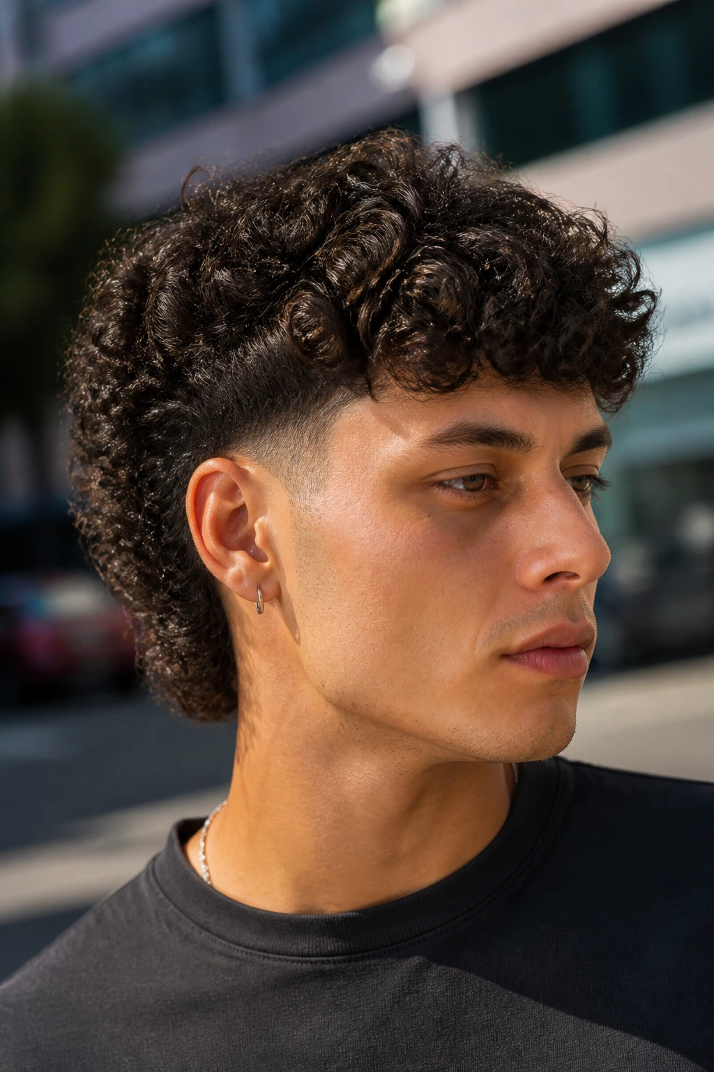 Real person with curly halo mullet in outdoor setting.