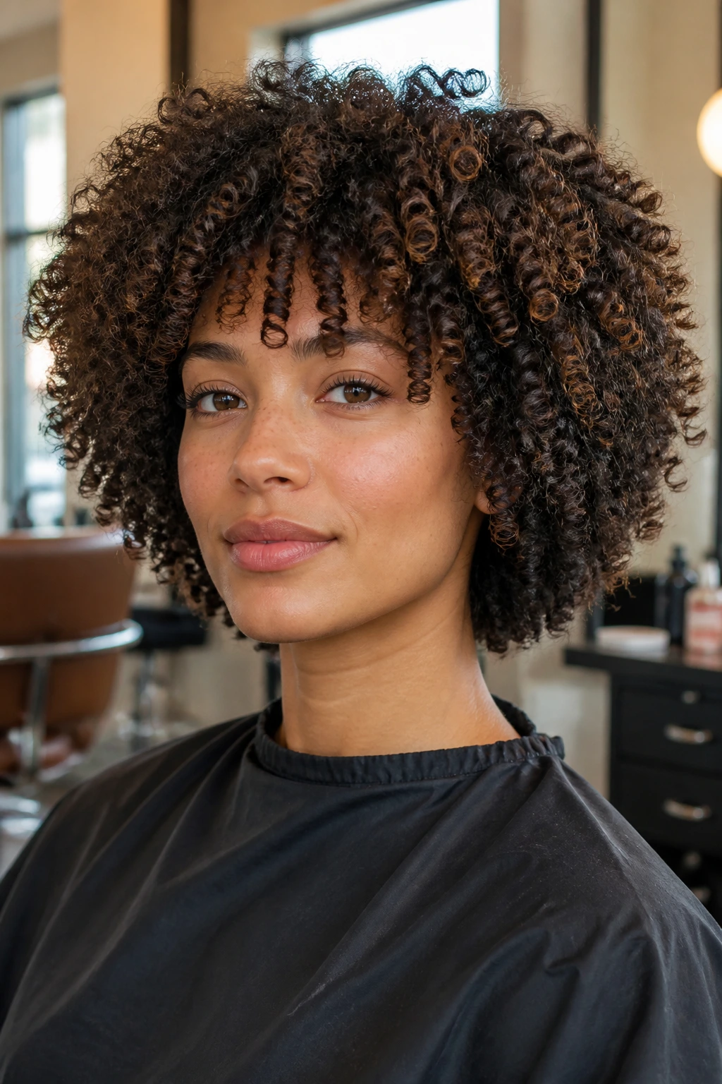 Close-up portrait of a person with halo-shaped curls forming a rounded silhouette.