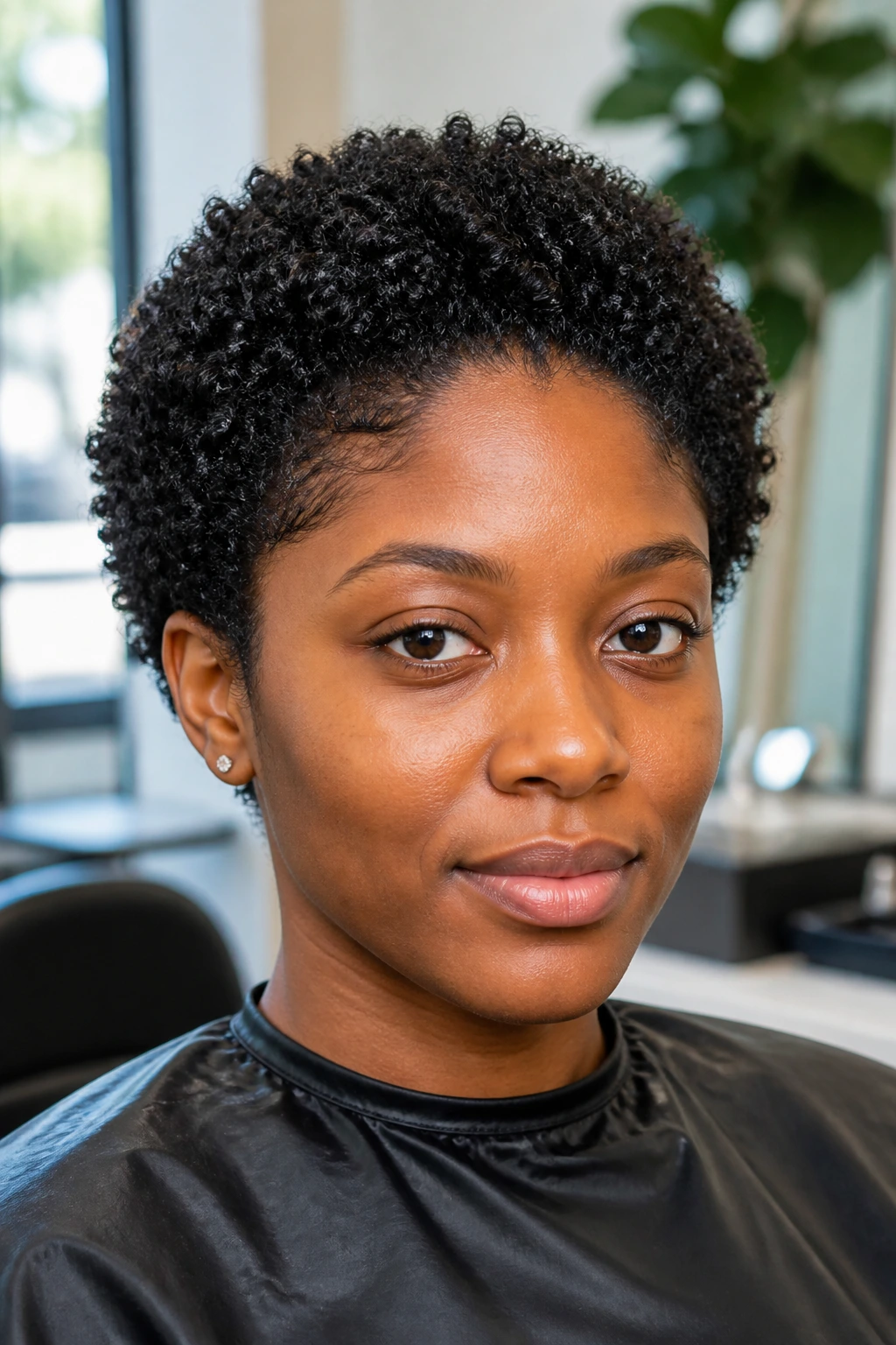 Close-up of a real person with a halo cut on tight coils under natural light